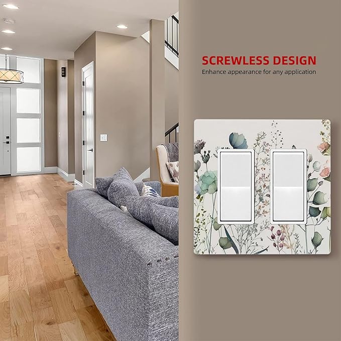 Watercolor Aqua Blue Flower Decorative Rocker GFCI Light Switch Cover 2-Gang Electrical Double Decorator Wall Plate Beige/Tan Floral Wildflower Blossom Herb Switches Faceplate Cover Dimmer Screwless