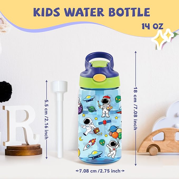 14oz Space Astronaut Kids Water Bottle with Straw Lid - Astronaut Water Bottles for Kids, Leakproof, Lightweight, Durable Plastic Bottles for School, Universe Space Gift Cup for Boys Girls