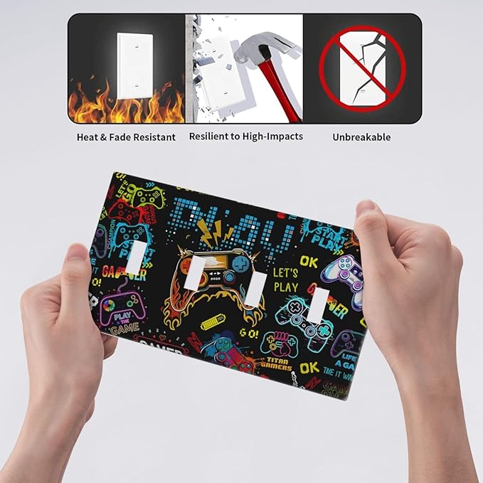 Gamer Video Game Themed Cool Controller Print Light Switch Covers Quad Toggle Electrical Faceplate 4 Gang Wall Plate Decorative Switch Plates Cover for Kids Room Office Decor