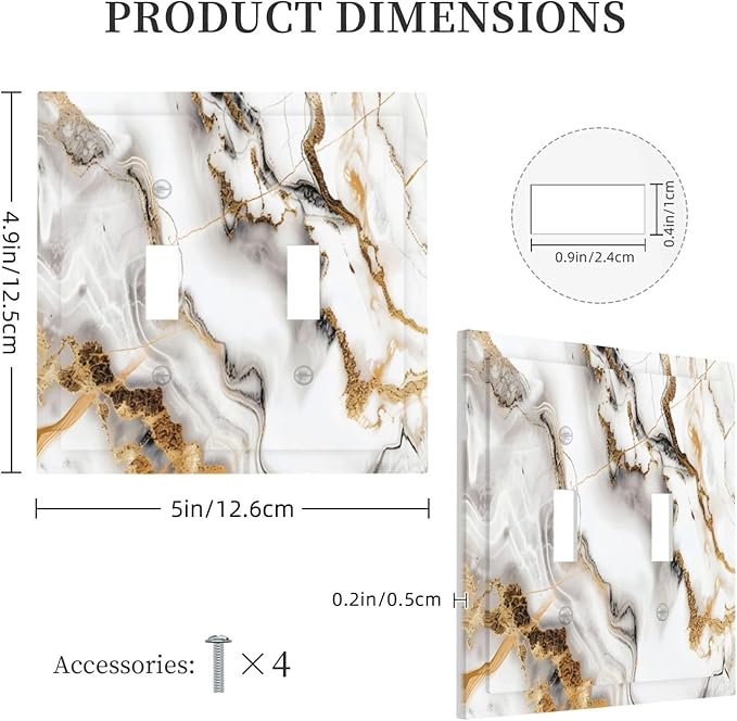 Luxurious Marble Abstract White Gold Tile Modern Simplicity Decorative Switch Plates 2 Gang Double Toggle Outlet Light Switch Cover Wall Plate Electrical Faceplate for Bathroom Kitchen Decor
