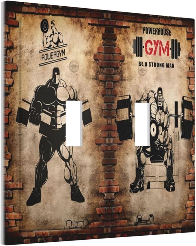 Vintage Gym Retro Brick Dumbbell 2 Gang Double Toggle Wall Plates Light Switch Cover Decorative Electrical Switchplate Faceplate Dimmer for Bedroom Kidroom Bathroom Gyms Decor