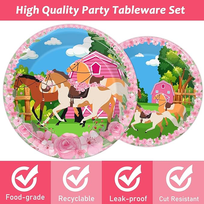 96 Pcs Horse Party Plates Napkins Tableware Set Kentucky Birthday Party Supplies Derby Disposable Paper Dinnerware Pink Cowgirl Western Theme Table Decoration Favors for Girls Baby Shower, 24 Guests