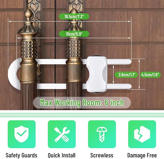 6 Packs Sliding Cabinet Locks, Modacraft Baby Proofing U-Shaped Child Safety Latches Adjustable White Locks for Handles Knobs Drawers Closet Cupboard