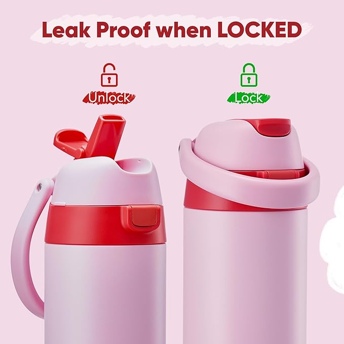 12 oz Water Bottle Insulated, 304 Stainless Steel Insulated Kids Water Bottle with Straw, 2-in-1 Lid Toddler Cups for School Boys Girls, BPA-Free, Leak-Proof, Great for Sport, Travel, Gift,Pink