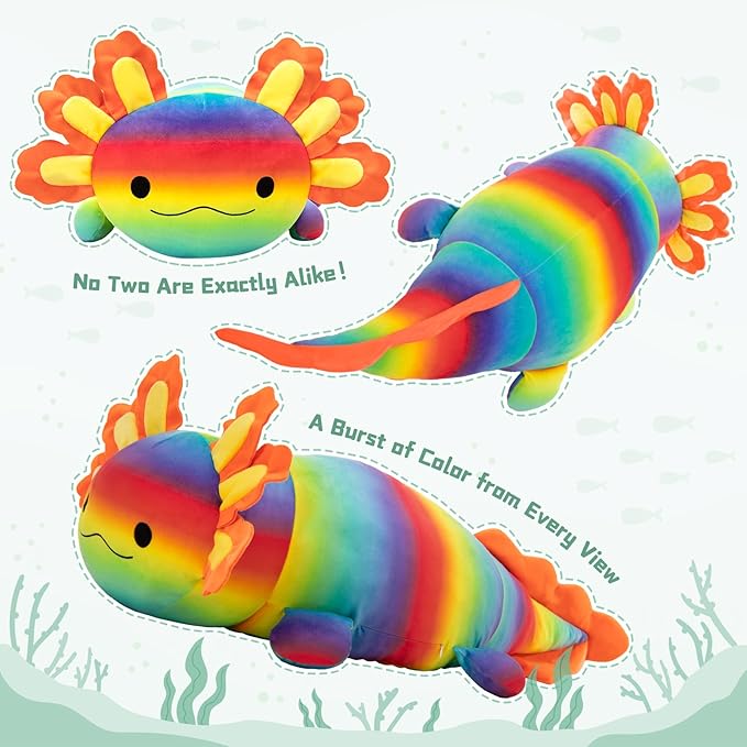 BENINY Large Axolotl Plush Toy, 39" Giant Axolotl Stuffed Animal Plush, Big Huggable Toys Gift for Girls Kids, Long Squishy Pillow for Holiday Birthday Christmas, Rainbow