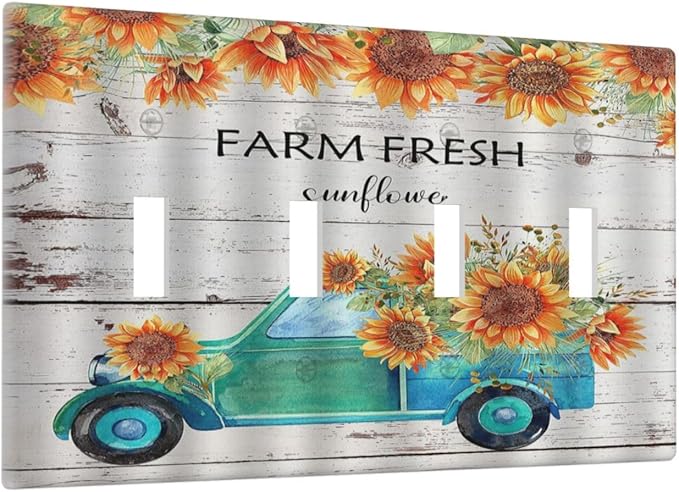 Decorative Switch Plate Covers Teal Farm Truck Pulling Sunflowers 4 Gang Wall Plate Light Switch Cover Plate Quad Toggle Jumbo Electrical Faceplate for Farmhouse Bathroom Bedroom Home Decor