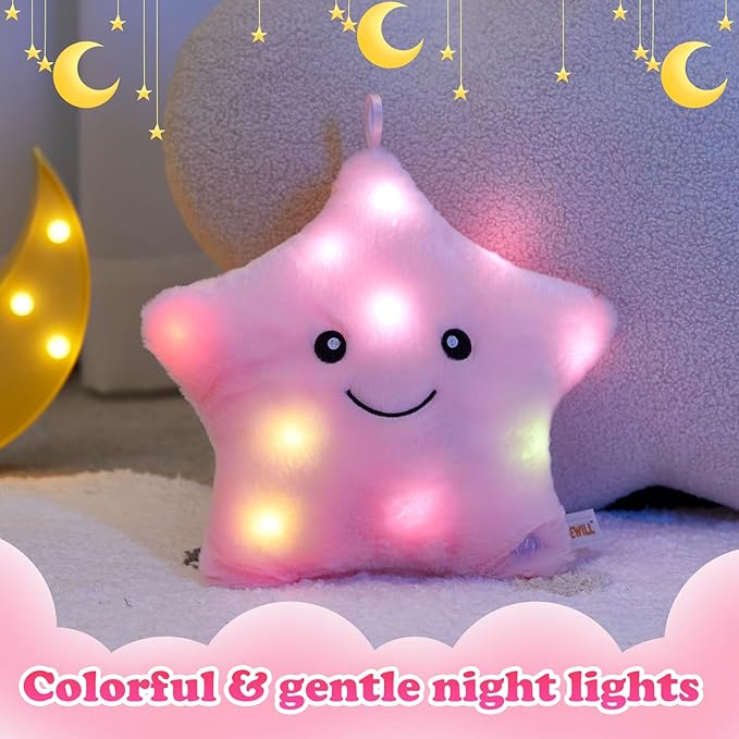 WEWILL 9'' LED Twinkle Star Soft Plush Toys Glowing Stuffed Star Light up Plush with Colorful Night Lights Birthday for Toddler Kids(Pink)