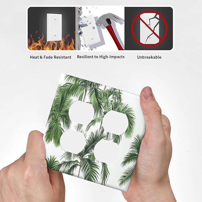 Outlet Covers Palm Trees Tropical Green Plant Palm Leaf 2 Gang Double Duplex Decorative Light Switch Covers Electrical Wallplates Socket Faceplate For Bed Room Bathroom Decor