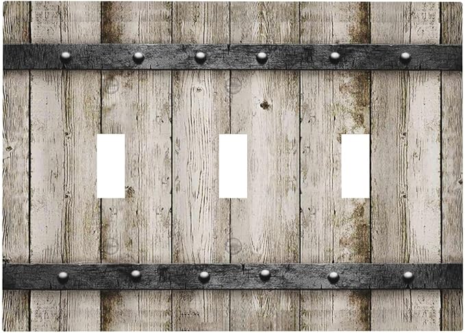 Rustic Vintage Brown Grey Wood Plank Print 3 Gang Light Switch Plate Decorative Western Kitchen Barn Cabin Wooden Board Grain Triple Toggle Electrical Outlet Switch Plug Face Plate Cover Mid Size