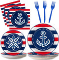 96 Pcs Nautical Anchor Party Plates Napkins Tableware Set Anchor Theme Supplies Disposable Dinnerware Sailor Boat Ship Decoration Favors for Navy Baby Shower Birthday, 24 Guests