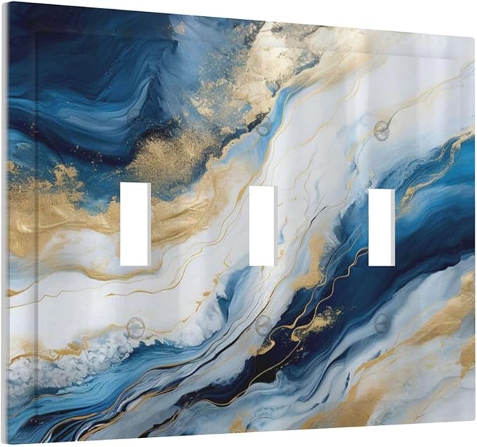 Abstract Blue Granite Luxury Watercolor Marble Texture Print 3 Gang Light Switch Covers Decorative Unique Triple Toggle Wall Plate Electrical Faceplate Switchplate for Bathroom Bedroom Decor