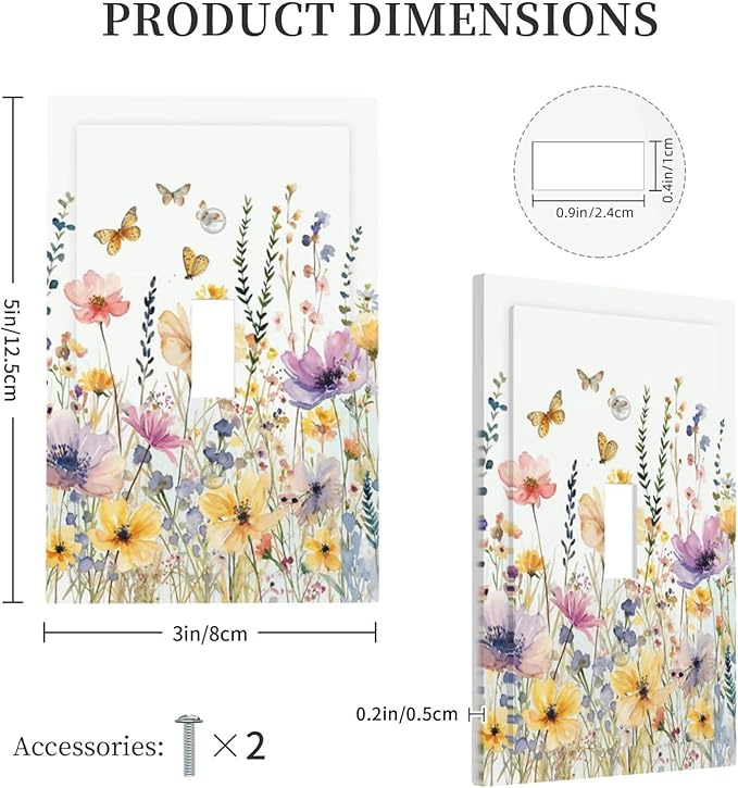 Wildflowers Colorful Flower Butterfly Floral Decorative Light Switch Cover 1 Gang Single Toggle Device Electrical Faceplate Switchplates Decorator Outlet Wall Plate for Farmhouse Bedroom Decor