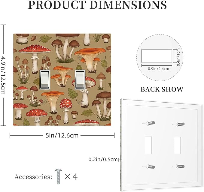 Whimsical Mycology Double Toggle Switch Cover - 2-Gang Standard US Size Vintage Mushroom Light Switch Covers, Woodland Medley for Farmhouse Home Decor