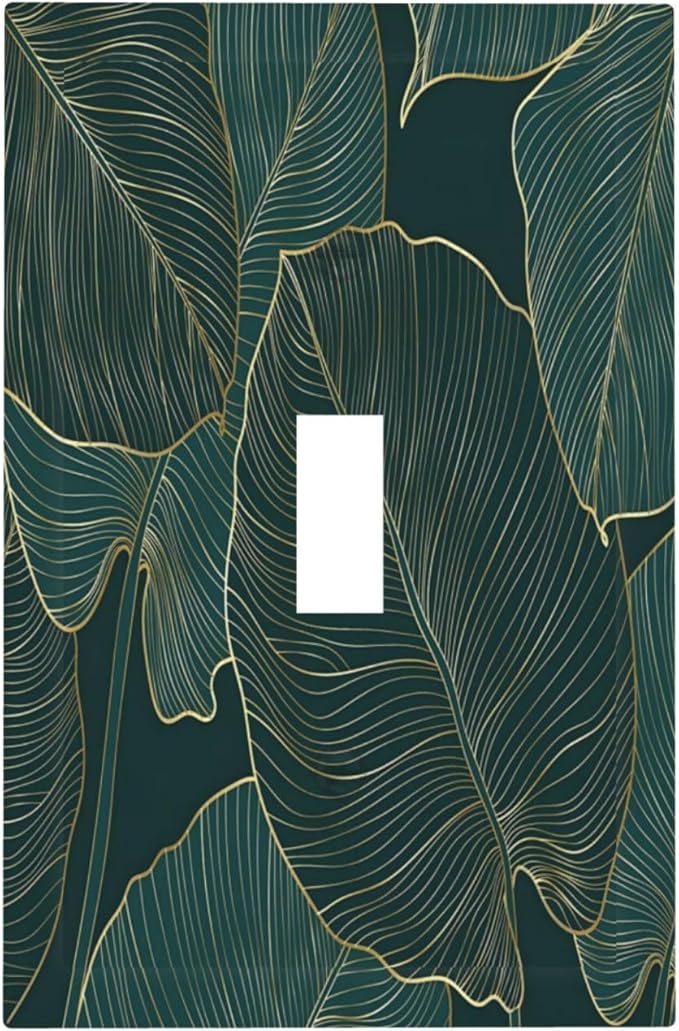 Gold Tropical Green Botanical Palm Leaves Decorative Light Switch Cover 1 Gang Single Toggle Device Electrical Faceplate Switchplates Decorator Outlet Wall Plate for Bedroom Living Room Decor