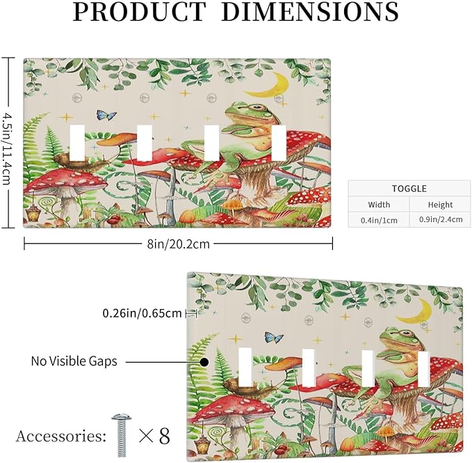 Light Switch Covers Boho Mushrooms Frogs Butterflies Flowers Moon Stars Quad Toggle 4 Gang Wall Plate Electrical Faceplate Decorative Switch Plates for Kids room Bedroom Decor