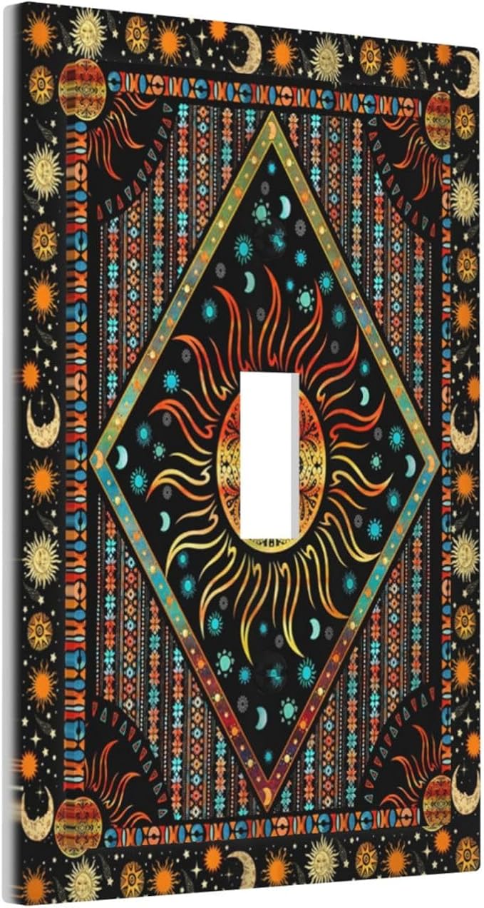 Light Switch Cover Boho Burning Sun Hippie Retro Bohemian Gypsy 1 Gang Wall Plate Cover Single Toggle Outlet Covers Decorative Switchplate Electrical Faceplate for Bathroom Home Decor
