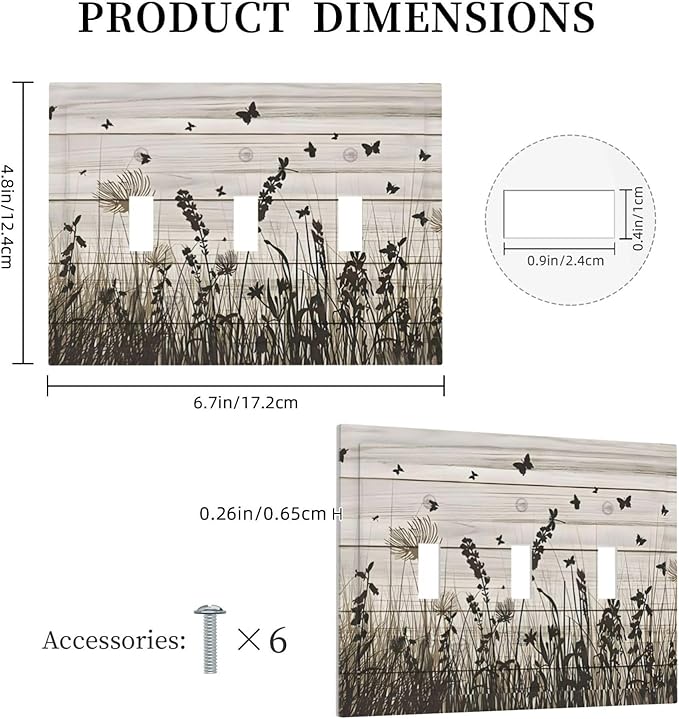Wildflower Butterfly Grass Dandelion Vintage Wooden Print Decorative Switch Plates 3 Gang Wall Plate Triple Toggle Light Switch Cover Faceplate Electrical Wall Panels for Farmhouse Home Decor
