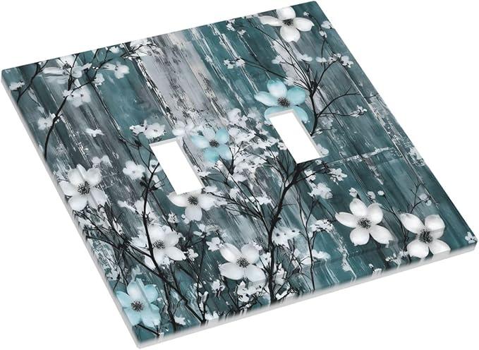 Rustic Blue Watercolor Flower Wooden Background Decorative Switch Plates 2 Gang Double Toggle Outlet Light Switch Cover Wall Plate Electrical Faceplate for Bedroom Living Room Decor
