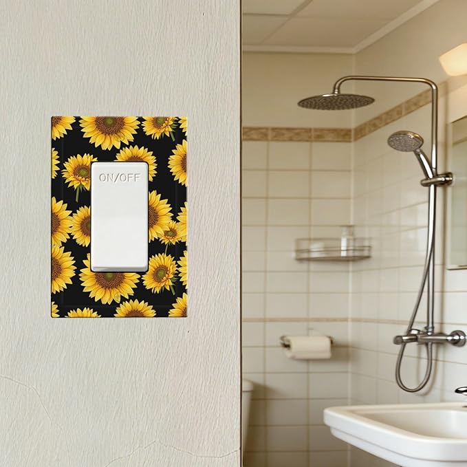Sunflower Fields Single Rocker Switch Cover - 1-Gang Standard US Size Vibrant Sunflower on Black Light Switch Covers, Boho Sunny Garden for Bedroom Decor