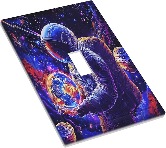 Astronaut Space Cool Galaxy Planet Decorative Light Switch Cover 1 Gang Single Toggle Device Electrical Faceplate Switchplates Decorator Outlet Wall Plate for Kids Room Nursery Decor