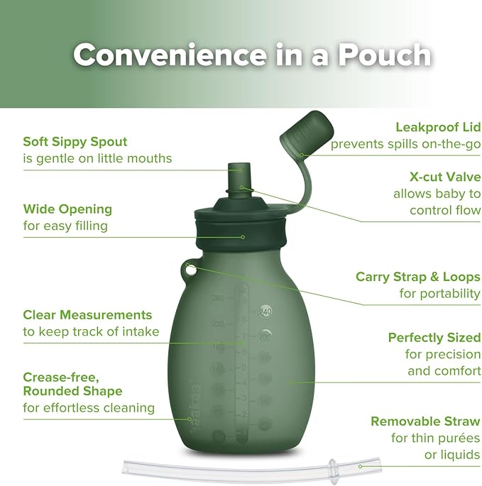 haakaa Silicone Hippo Pouch –9oz/260ml Reusable Pouches for Toddlers, Reusable Baby Food Pouches with Wide Neck for Easy Fill & Clean, Perfect for Purees & Smoothies, 4 Pack, (Pea Green)