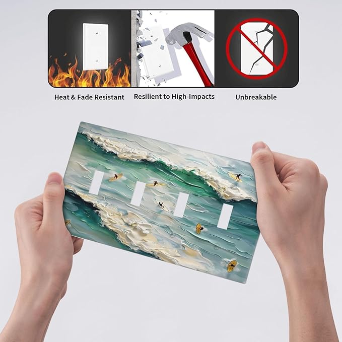 Beach Waves Ocean Surfing Hoverboard Painting Print Light Switch Covers Quad Toggle Electrical Faceplate 4 Gang Wall Plate Decorative Switch Plates Cover for Bedroom Living Room Decor