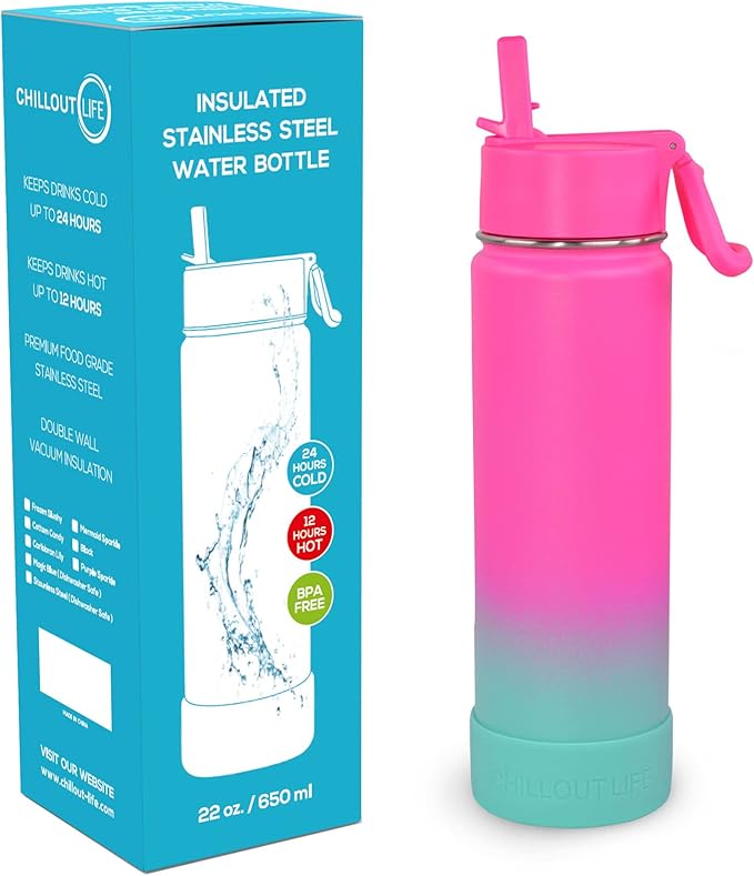 CHILLOUT LIFE 22 oz Kids Insulated Water Bottle for School with Straw Lid Leakproof and Cute Waterproof Stickers, Personalized Stainless Steel Thermos Flask Metal Water Bottle, Frozen Slushy