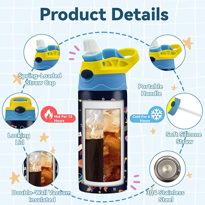 Space Water Bottle for Teens 12oz Stainless Steel Tumbler with Straw, Insulated Leak-proof BPA-free Pop-up Lid - Birthday Gift Idea for Boys Girls (1pc)