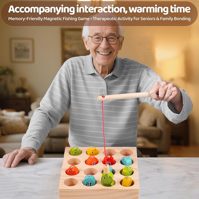 Dementia Therapy Wooden Magnetic Fishing Game for Seniors - Alzheimer's Cognitive Activities & Memory Recall Tools, Fine Motor Skill Training for Elderly Patients