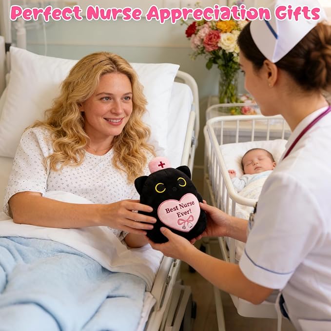 RN Black Cat Plush, 8" Cat Stuffed Animal with Pink Cap and Best Nurse Ever, Student Nursing Graduation Gifts Nurse Appreciation Gifts for Women, Appreciation Week Gift