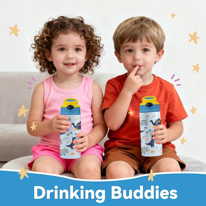 12oz Dinosaur Kids Water Bottle, Cute Dino Water Bottle for School, Kids Insulated Bottles with Straw & Handle, Leak-Proof, BPA-free, Straw Lid, Stainless Steel for Travel Gift Cup for Boys (1pc)