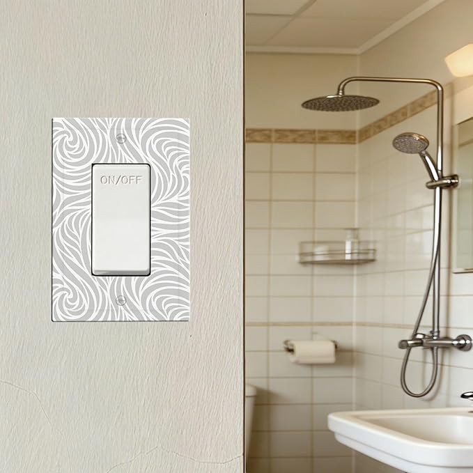 Silver Swirls Single Rocker Switch Cover - 1-Gang Standard US Size Modern Abstract Wave Vortex, Neutral Gray Decorative Light Switch Covers for Contemporary Home Decor