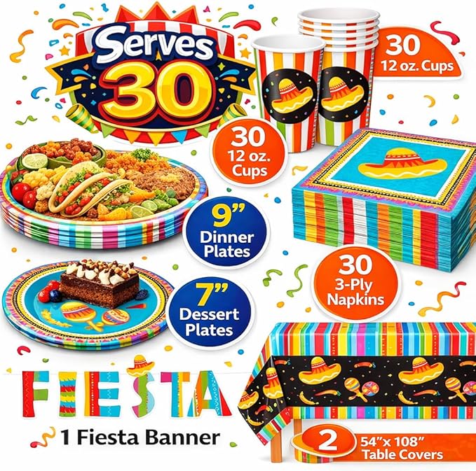 Cinco de Mayo Fiesta Party Supplies – Serves 30 Guests, Includes 9" Dinner Plates, 7" Dessert Plates, 12 oz Cups, 3-Ply Napkins, Mexican Fiesta Theme Party Decorations & Tableware by Oojami