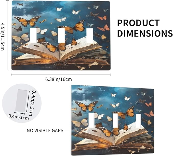 Decorative Art Light Switch Covers Butterflies from the Book 3 Gang Triple Toggle Wall Plate Decorative Switch plate Electrical Faceplate for Home Decor