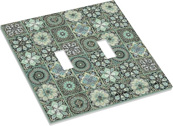 Moroccan Mandala Tile Floral Talavera Tiles Decorative Switch Plates 2 Gang Double Toggle Outlet Light Switch Cover Wall Plate Electrical Faceplate for Bathroom Kitchen Decor