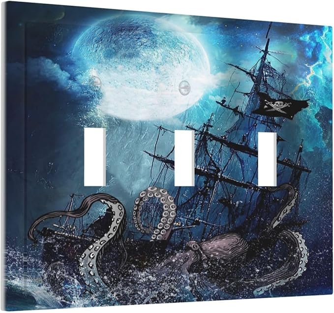 Starry Moon Night Ocean Nautical Octopus 3 Gang Light Switch Plates Decorative Triple Toggle Wall Plate Monster Pirate Ship Outlet Cover Electrical Faceplate Boy Man Room Cool Decorate