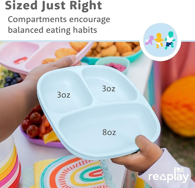 Re-Play 3 Divided Toddler Plates, 3 Utensils Set and 3 Wide Base Bowls - Dishwasher and Microwave Safe - Made in USA - Bluesy