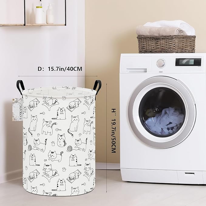 LANGYASHAN Laundry Basket Canvas Fabric Collapsible Organizer Basket for Storage Bin Toy Bins Gift Baskets Bedroom Clothes Children Nursery Hamper (Cat)