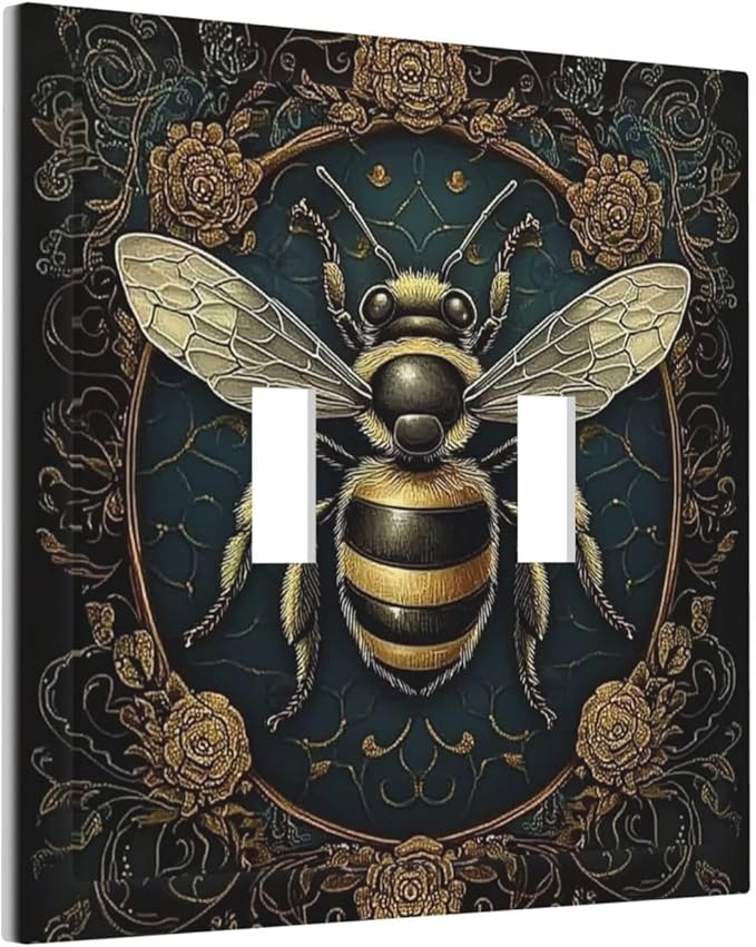 Decorative Switch Plates Mid Century Bee Dark Floral 2 Gang Double Toggle Outlet Light Switch Cover Wall Plate Electrical Faceplate For Home Office Decor