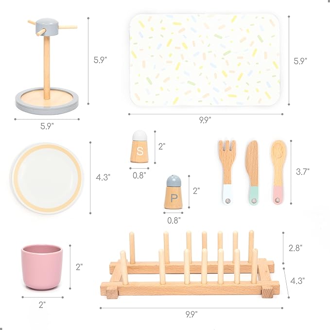 UMU® Large Wooden Dish Set – 28-Piece Tableware for Kids' Play Kitchen with Plates, Cups, Cutlery & Drying Rack – Pretend Play Kitchen Accessories for Children Ages 3 4 5 6
