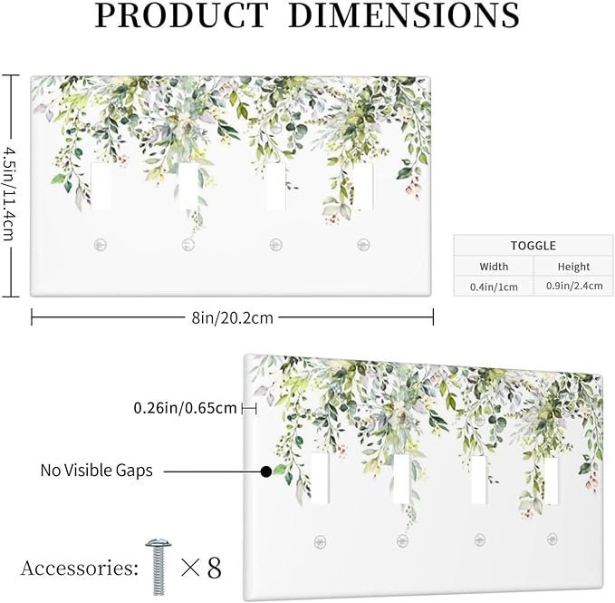 Light Switch Covers Green Eucalyptus Leaves Floral Wildflower Quad Toggle Electrical Faceplate 4 Gang Wall Plate Decorative Switch Plates For Bed Room Living Room Decor