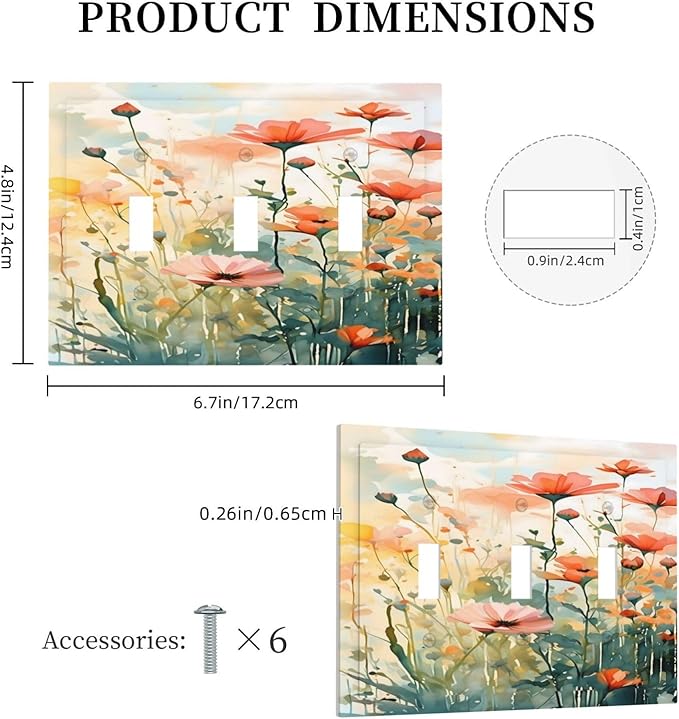 Vintage Red Orange Yellow Poppy Floral Flowers Decorative Switch Plates 3 Gang Wall Plate Triple Toggle Light Switch Cover Faceplate Electrical Wall Panels for Bedroom Living Room Decor