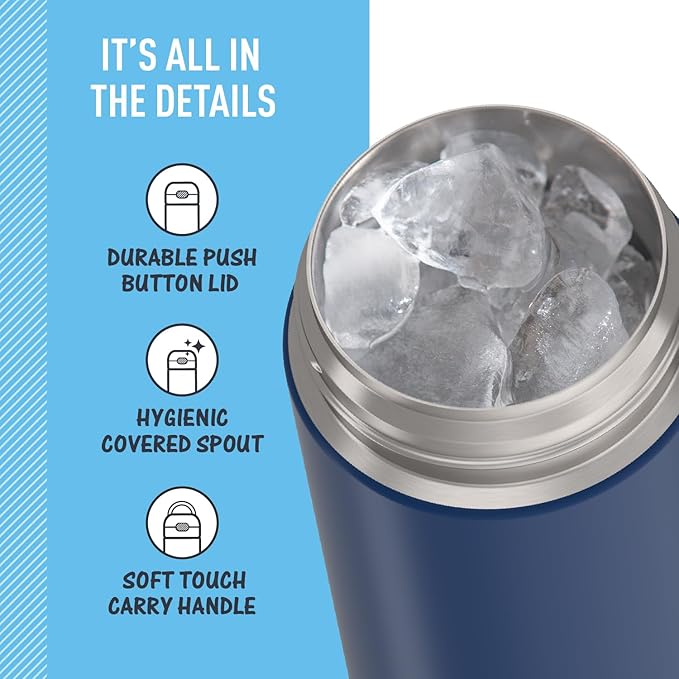 THERMOS FUNTAINER 16 Ounce Stainless Steel Vacuum Insulated Bottle with Wide Spout Lid, Navy