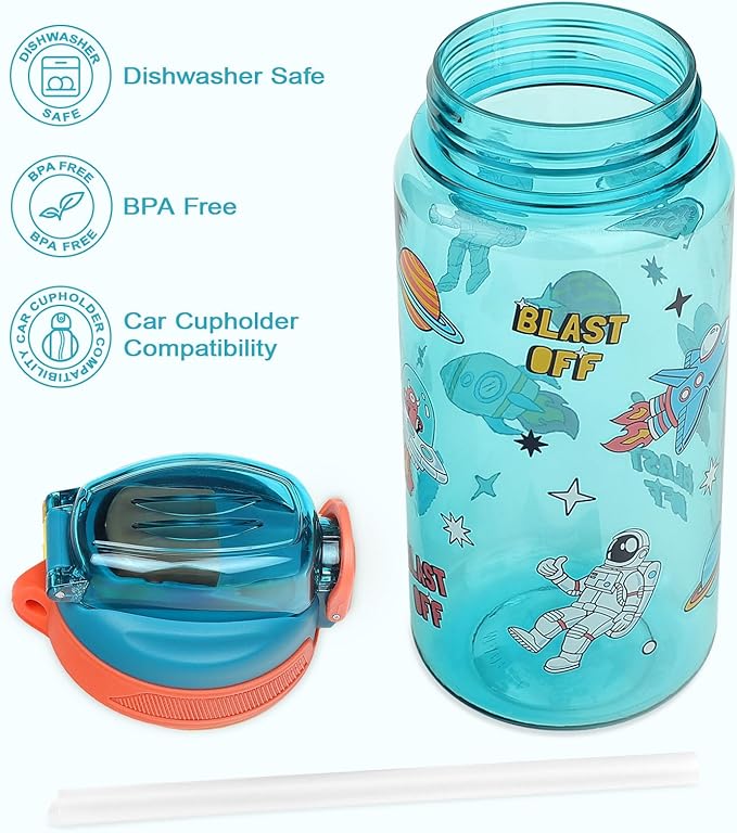 Kids Water Bottle for School or Travel, 20 Oz Durable Plastic Water Bottle with Silicone Straw and Pop-Up Spout Cover, BPA Free & Dishwasher Safe(Astronaut)