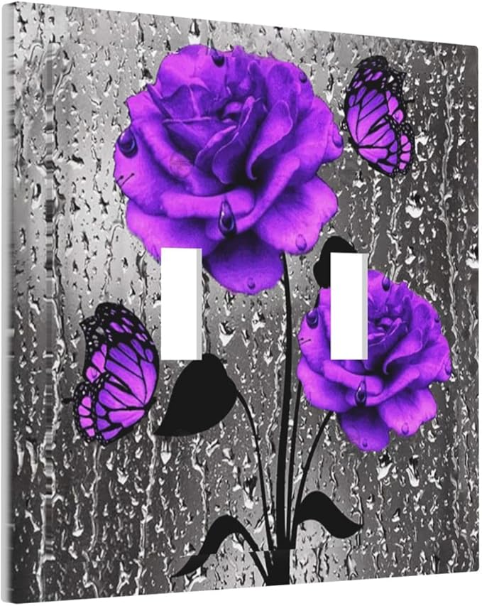 Decorative Purple Rose Butterfly Double Toggle Light Switch Cover, Romantic Lovely Beauty Girly Vibrant Flower 2-Gang Wall Plate Pretty Fashion Woman Electric Receptacle Outlet Switch Face Plate Cover