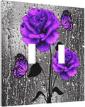 Decorative Purple Rose Butterfly Double Toggle Light Switch Cover, Romantic Lovely Beauty Girly Vibrant Flower 2-Gang Wall Plate Pretty Fashion Woman Electric Receptacle Outlet Switch Face Plate Cover