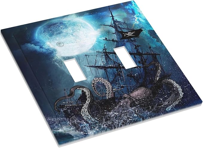 Moon Ocean Nautical Octopus 2 Gang Double Toggle Light Switch Cover Electric Wall Plate Electrical Faceplate for Bathroom Home Living Room Jumbo Size Decor