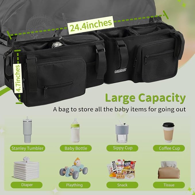 Double Stroller Organizer Compatible with BOB Duallie and Baby Jogger City Mini GT2 Double Stroller, Double Baby Stroller Accessories with 2 Cooler Pockets , Black(Empty Bag)