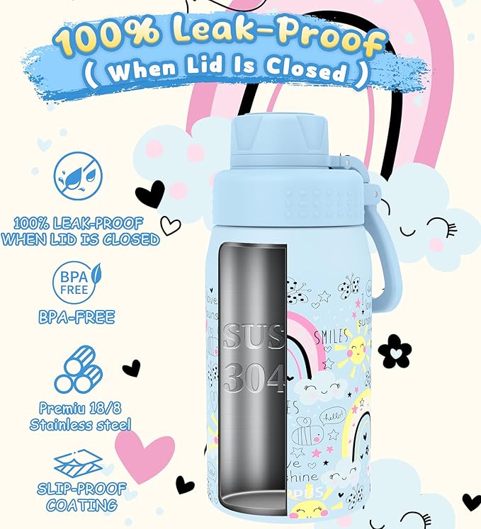 GOPPUS 15oz Kids Water Bottle with Spout Lid, Toddler Water Bottle, Stainless Steel Insulated Water Bottle, Leakproof, BPA Free, Suitable for Boys and Girls for School（Rainbow）