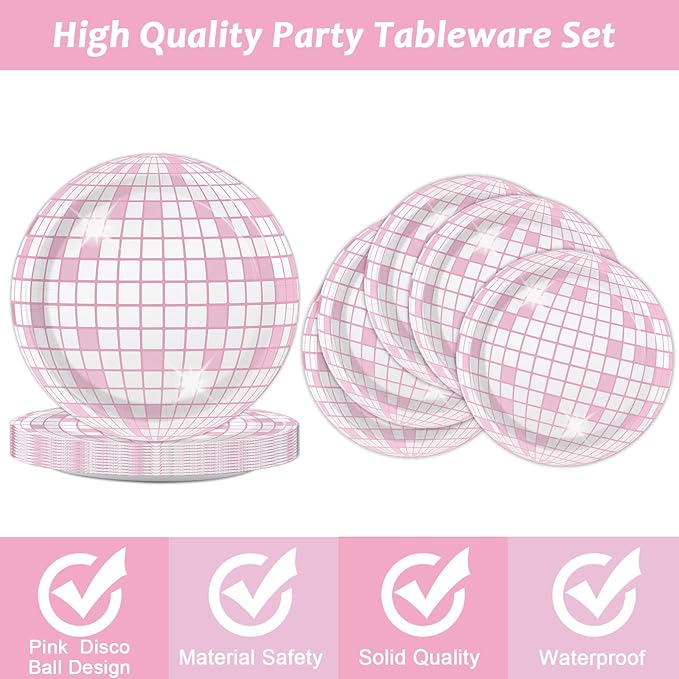 96PCS Pink Silver Disco Party Plates Napkins Disco Birthday Decoration 70s Theme Disposable Paper Cake Tableware Serve 24 Guests Women Girls Baby Shower Bachelorette Wedding Birthday Party Favor